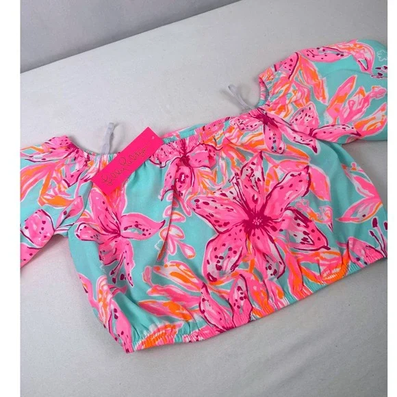 Lilly Pulitzer Esmeray Crop Top Bonita Blooms Pink Blue Off Shoulder NWT L - Picture 8 of 8